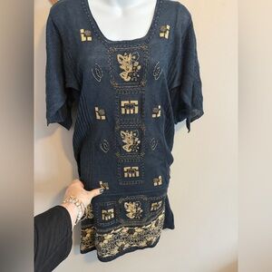 Curio Dark Navy Linen Blend Beaded Lagenlook Bubble Tunic XL
